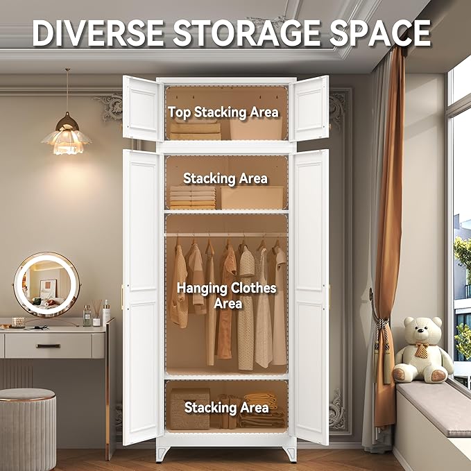 Polup Metal Armoire Closet, 86 Inch Tall Wardrobe Armoire with Hanging Rod, Almirah for Clothes with Doors, 18" D x 32" W x 86" H, White, Assemble Required, Shipped in Two Packages