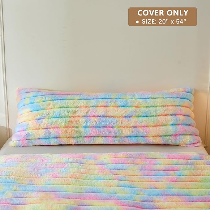 MEGO Faux Rabbit Fur Body Pillow Cover 20x54, Soft Fluffy Plush Fuzzy Striped Tie Dye Bed Pillowcase, Cozy Furry Zippered Long Bolster Pillow Case for Bedroom Pregnant Women Side Sleeper, Rainbow