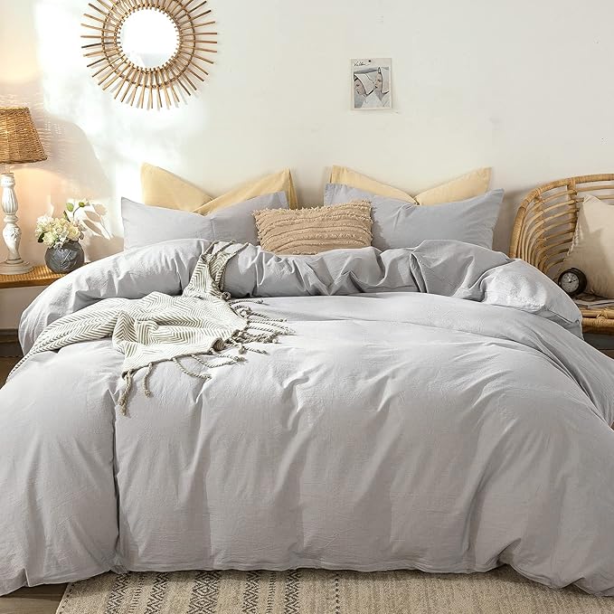 MooMee Bedding Duvet Cover Set 100% Washed Cotton Linen Like Textured Breathable Durable Soft Comfy (Lavender Grey, King)