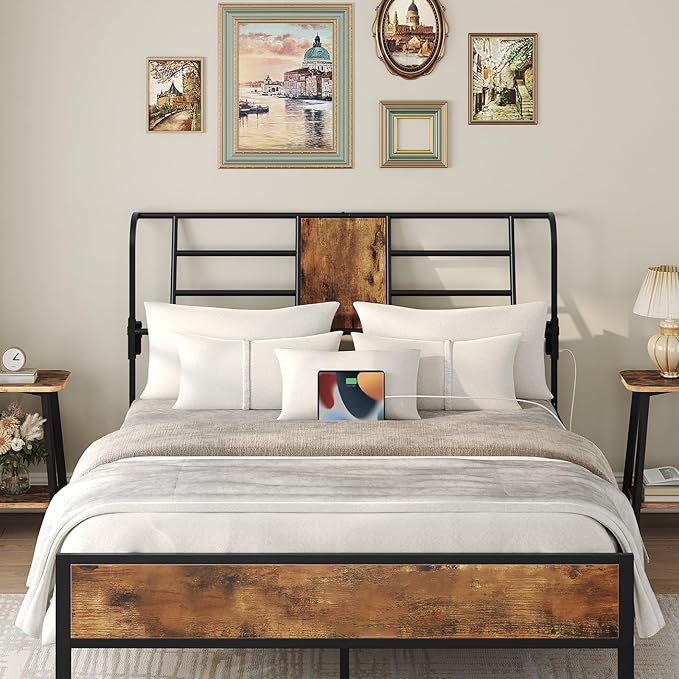MAHANCRIS Queen Size Headboard Only, Metal Headboard with 2 Power Strips, Reclining Backrest, with Bed Frame Adapters, Easy Assembly, Rustic Brown and Black