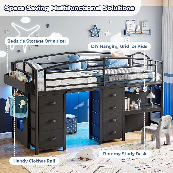 Low Loft Bed Twin Size with 7 Storage Drawers, Desk and LED Lights, Heavy Duty Metal Kids Loft Bed with 12" H Safety Guardrail, Anti-Collision Pad, Private Play Curtain, Under-Bed Play Space - Black