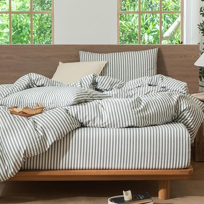 MooMee Striped Duvet Cover Set 100% Washed Cotton Linen Like Textured Breathable Durable Soft Comfy (Heathered Green Classic Stripes, Oversized Queen 98"x98")