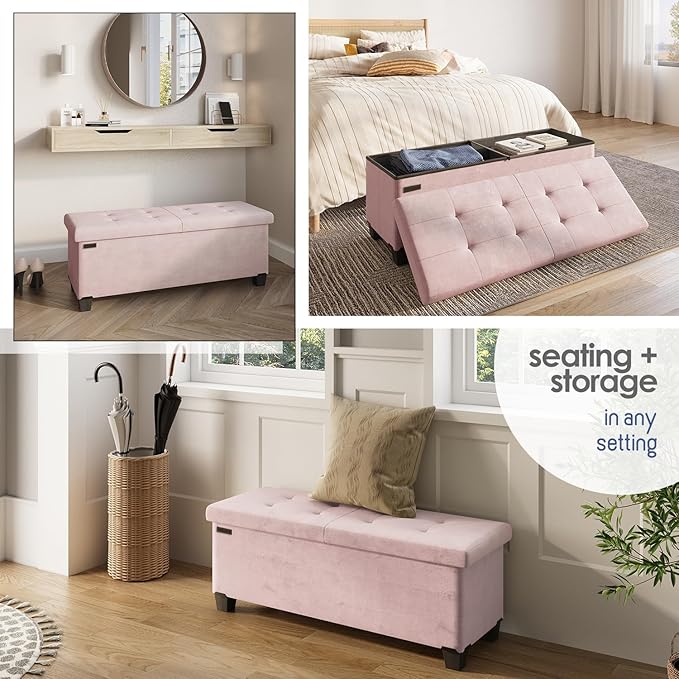 Storage Ottoman Bench with Bins, 43-in Storage Bench for Bedroom End of Bed, Folding Foot Rest Ottoman for Living Room Max 660lbs, Velvet Ottomans, Pink