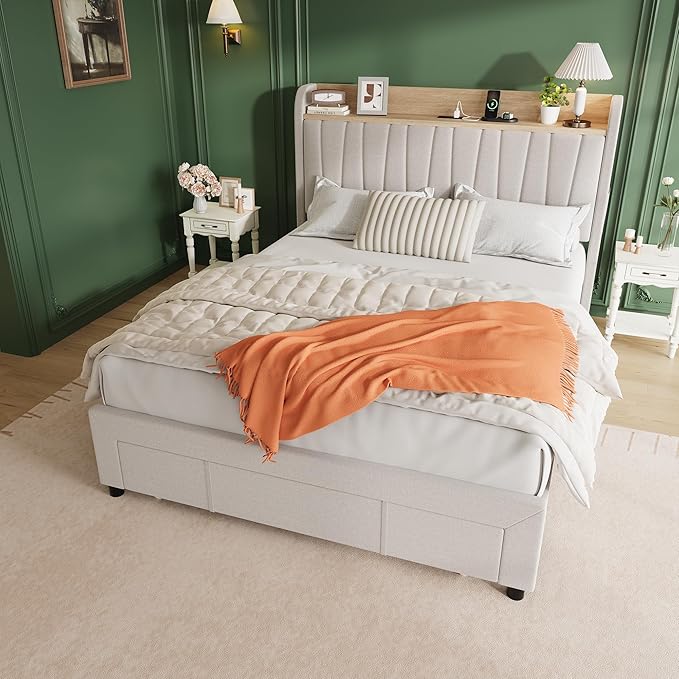 Garvee Upholstered Bed Frame Full Size with Storage Headboard and Charging Station, Platform Bed Frame with Drawers, Heavy Duty, No Box Spring Needed, Easy Assembly, Beige