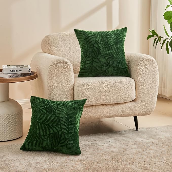 SOCHOW Decorative Throw Pillow Covers 18x18 Inches Set of 2, Soft Leaves Textured Flannel Fleece Pillowcase Square Cushion Covers for Sofa Couch Bed, Olive Green