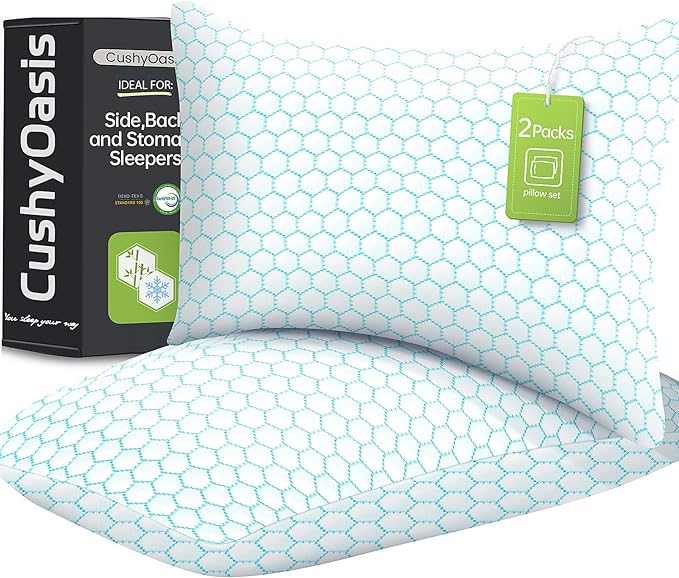 CushyOasis Shredded Memory Foam Pillow for Sleeping, Cooling Bed Pillows Set of 2, Adjustable Pillows for Side, Back, Stomach Sleepers with Washable Pillowcase (Queen Size, Blue)