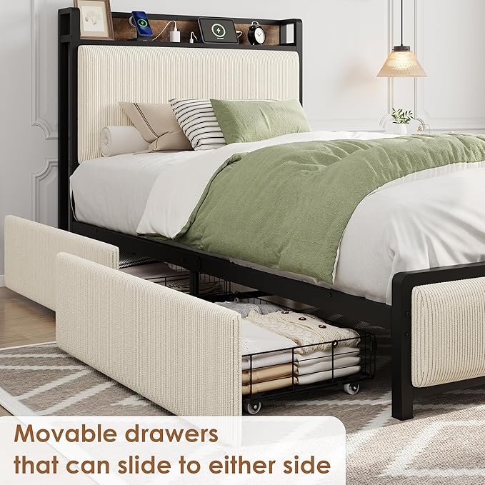 Twin-XL Size Bed Frame with Storage Headboard, Black Corduroy Upholstered Twin Platform Bedframe with Storage Drawers and Charging Station, No Box Spring Needed, Noise Free