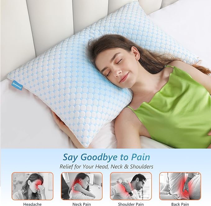 UYWO Cooling Firm Bed Pillows Set of 2, Shredded Memory Foam Pillows for Sleeping Luxury Gel Pillows for Side Back Stomach Sleepers with Removable Washable Cover(Blue, Standard)