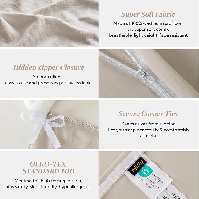 MILDLY Super Soft Duvet Cover - 100% Washed Microfiber Linen Grey Comforter Cover Set 3 Pieces with Zipper Closure & Corner Ties (No Comforter)
