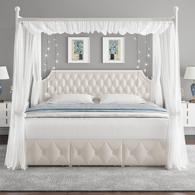 Keyluv King Upholstered Canopy Bed Frame with 3 Drawers and Button Tufted Headboard, Metal Platform Bed with 4 Removable Posts, Two-Purpose Velvet Bed No Box Spring Needed, Beige/Curtains Not Included