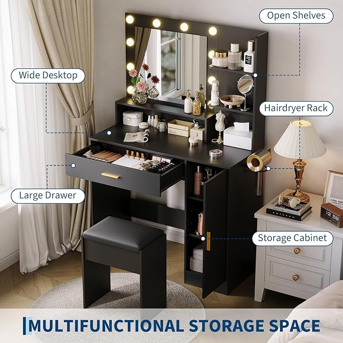 Garvee Vanity Desk with Mirror and Light, Makeup Dressing Table with Large Drawers and 3-Level Storage Dresser, 3 Lighting Modes Adjustable Brightness, Modern Vanity Set for Bedroom, Black