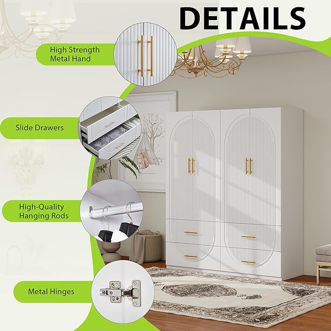Wardrobe Armoire Closet with 4 Door Shelves 4 Drawers and Hanging Rod Wooden Storage Cabinet for Bedroom White Tall Armoire Wardrobe