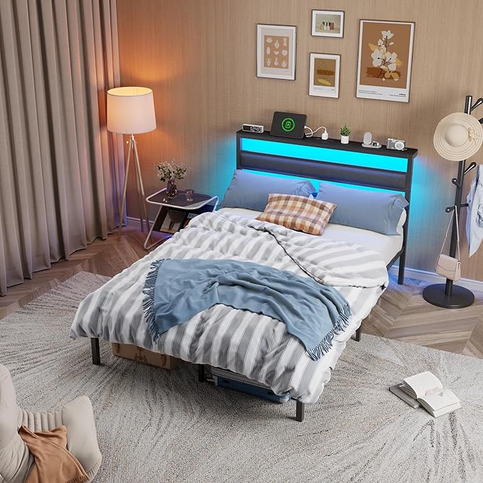 OURPIC Full Size Bed Frame, Bed Frame Full with LED Lights and Charging Station Headboard, Black Metal Platform Bedframe and Storage Shelf, No Box Spring Needed, Noise Free