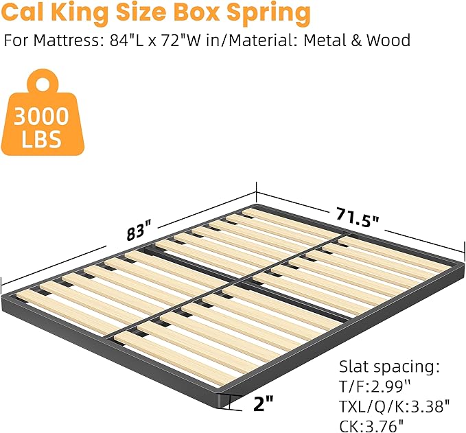 VIPSHOW 2 Inch Wood Slat California King Box Spring with Round Corners - 3000 lbs Capacity, Low Profile Bed Slat Replacement Bunkie Board with Metal Frame, Noise-Free, Easy Assemble, Black