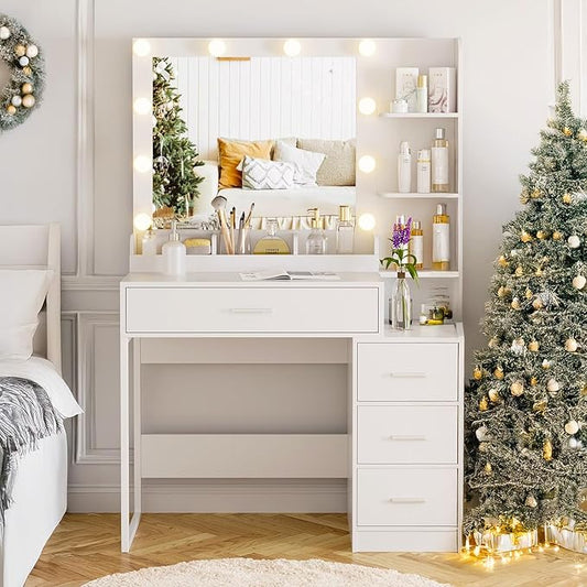 KAMABOKO Vanity Desk with Lighted and Mirror, White Makeup Table with Drawers and Charging Station, 3 Model Adjustable for Bedroom & Dressing Room (038 White)