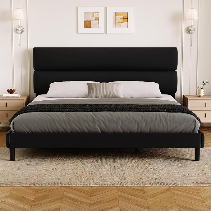 GRUSIGN King Size Platform Bed Frame with Velvet Headboard, Adjustable Height Wooden Slats Support, Upholstered Mattress Foundation, Fits Mattress or Mattress with Box Spring, Easy Assembly, Black