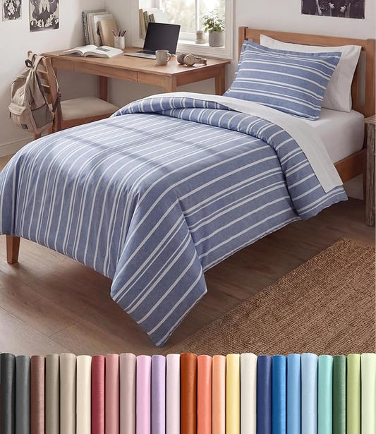 Duvet Cover Twin/Twin XL Size Set - Extra Soft Twin/Twin XL Duvet Cover 68" x 90" with 1 Pillow Sham - Hotel Luxury, Easy Care, Fade Free w/ Zipper Closures & Ties - Comfy & Breathable (Blue Stripes)