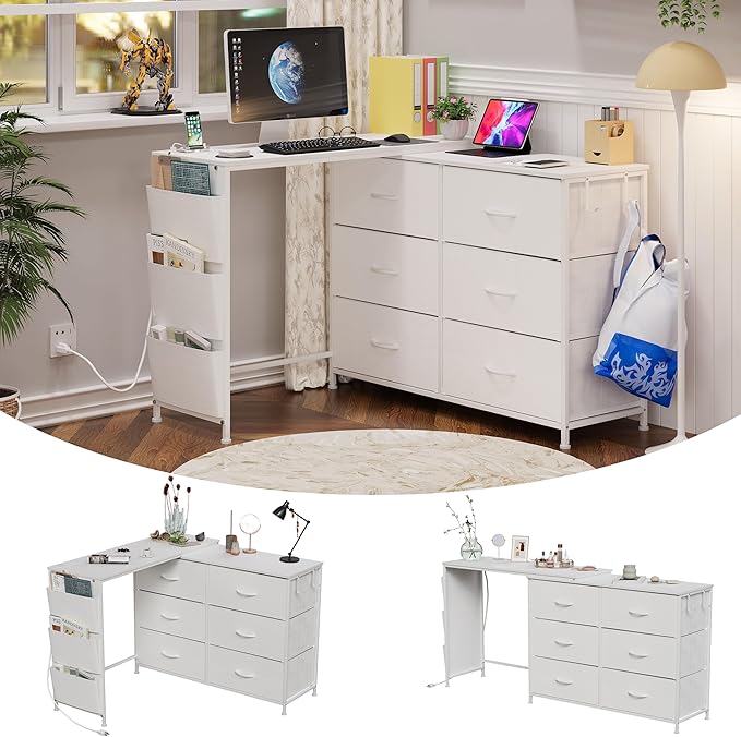 Simoretus Modern Corner Vanity Desk with 6 Fabric Drawers Power Outlet Side Pocket L Shaped Drawers Makeup Desk Dressing Table for Girls Women Bedroom (White)