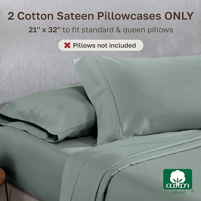 California Design Den Standard Queen Size Pillowcase Set - 400 Thread Count, 100% Cotton Sateen, Set of 2 Pillow Covers, Soft and Breathable - Sage Green