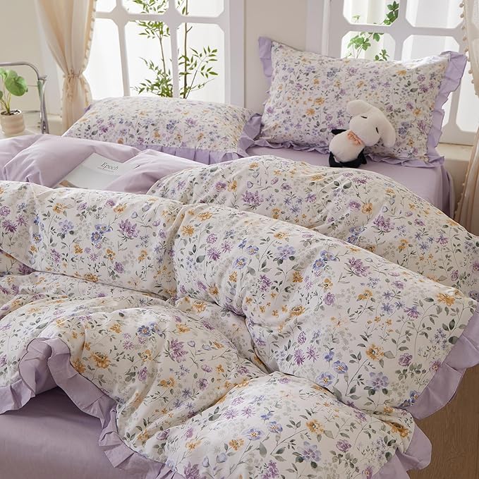 mixinni Floral Duvet Cover Set King Size, 100% Cotton 3-Piece Bedding Set with Ruffled Lace, Reversible Lavender Wildflower Ruffle Design, Soft Aesthetic Cottagecore Duvet Cover with Zipper Closure