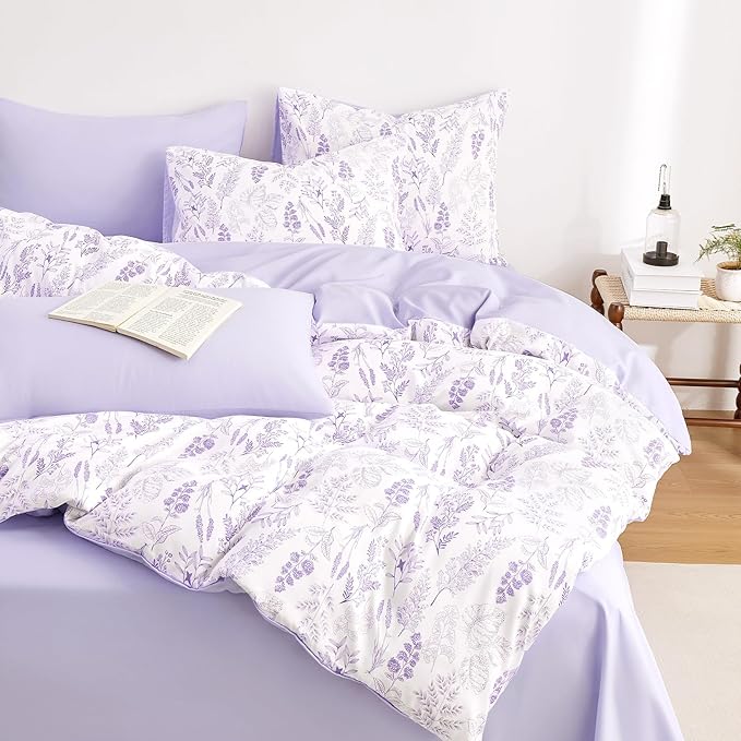 Wake In Cloud - Floral Duvet Cover Set, Botanical Vintage Flower Coquette Cottagecore Aesthetic for Women Teen Girls, Soft Lightweight Bedding, 3-Piece, Lilac, Twin/Twin XL Size