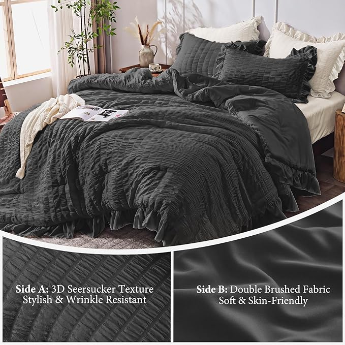 JOLLYVOGUE Black Twin Size Comforter Set, 2 Pieces Seersucker Lightweight Fluffy Bedding Set, Twin Ruffle Comforter, All Season Soft Microfiber Shabby Chic Bed Set