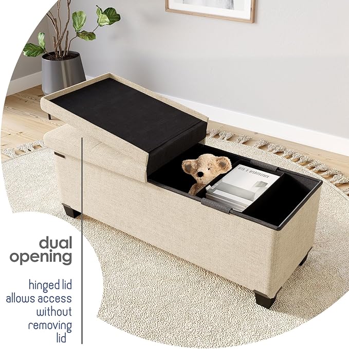 Storage Ottoman Bench with Bins, 43-in Storage Bench for Bedroom End of Bed, Folding Foot Rest Ottoman for Living Room Max 660lbs, Fabric Ottomans, Beige