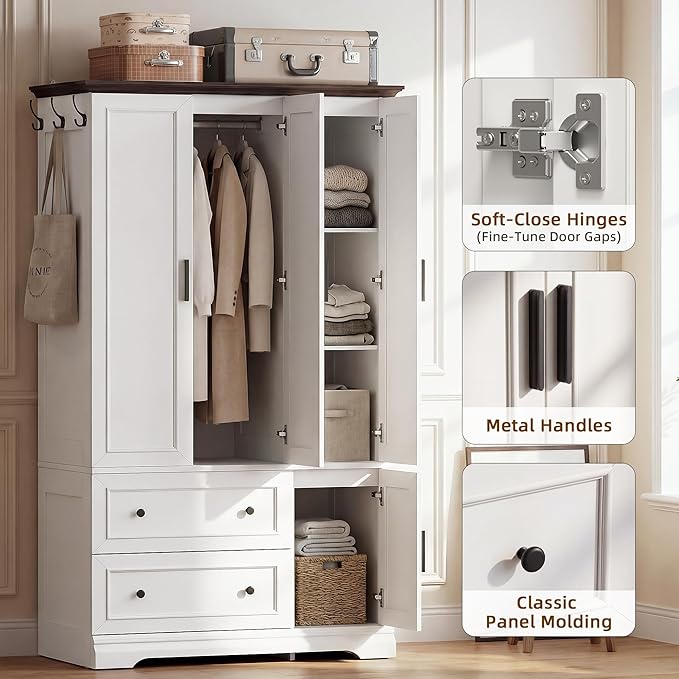 YESHOMY Armoire Wardrobe Closet with Drawers, 70.9" H x 21.1" D Wooden Closet with Hanging Rod, Fixed Shelves & Bottom Cabinet, Soft-Close Doors, Ball-Bearing Slides (White (Walnut Top))