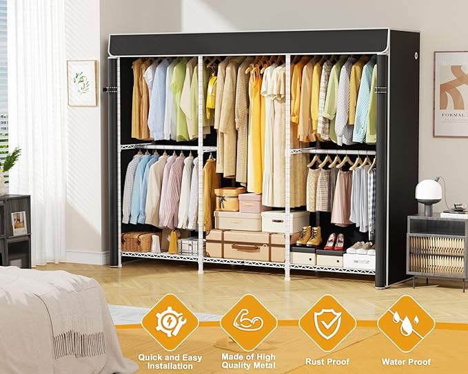ULIFHOME E14C Pro Heavy Duty Closet Organizer System，Freestanding Clothing Racks for Hanging Clothes，Adjustable Garment Rack 70.1"W × 16.6"D × 76.4"H Hold 960 lbs，White Rack with Black Dustproof Cover