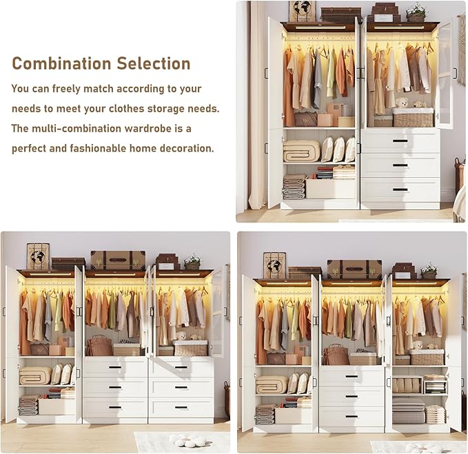 Hlivelood 75" Tall Farmhouse 2 Doors Armoire Wardrobe Closet with LED,Freestanding Closet Wardrobe Cabinet for Bedroom with Hanging Rod,Wooden Armoire Storage Cabinet Adjustable(Rustic Off White)