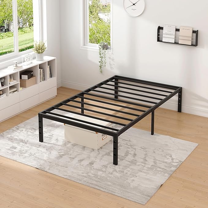 NEW JETO Metal Bed Frame,Twin Size Bed Frame with Storage Space,Heavy Duty Sturdy Mattress Foundation,Easy Assembly,No Box Spring Needed, Black,14 Inch,Twin
