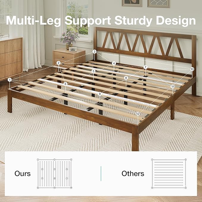 Novilla 12 Inch Solid Wooden King Size Bed Frame King Bed Frames with Headboard BedFrame Foundation No Box Spring Needed, Easy Assembly, Walnut