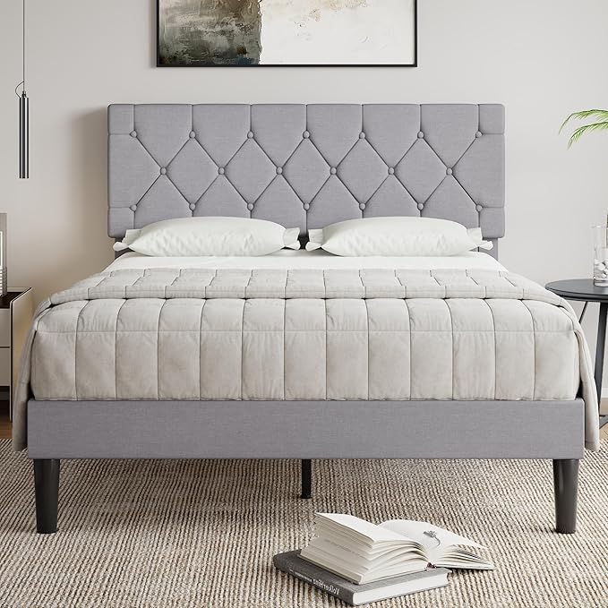 VECELO Queen Size Bed Frame with Button Tufted Headboard, Upholstered Platform Bedframe with Wood Slat Support, No Box Spring Needed, Velvet & White