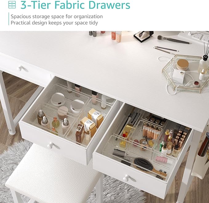 Lufeiya White Makeup Vanity Desk with Mirror and Lights, 40 inch Make Up Vanity Desks with Drawers & Power Outlet, Dressing Table and Chair Set for Girls Bedroom, White