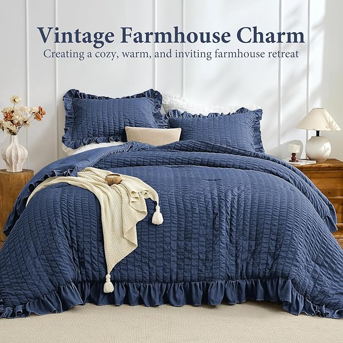 JOLLYVOGUE Navy Blue Queen Comforter Set, 3 Pieces Seersucker Comforters Queen Size, Lightweight & Fluffy Bedding Sets Queen for All Season with 1 Ruffle Comforter and 2 Ruffle Pillowshams