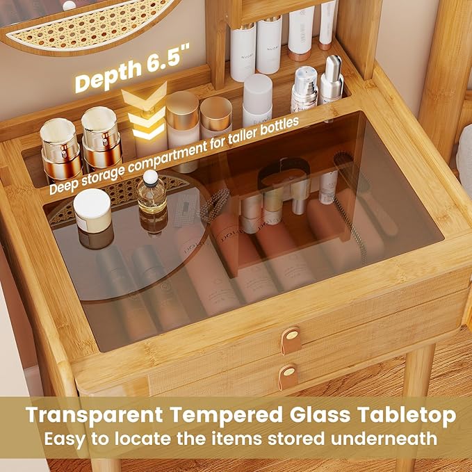 CHARMAID Small Bamboo Vanity Desk with Mirror and Stool, Glass Top Makeup Vanity Table with Storage Drawers, Shelves & Deep Tabletop Groove, Compact Dressing Table for Bedroom Small Spaces, 23.5" W
