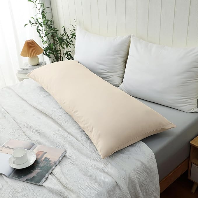 100% Cotton Soft Body Pillow Protectors with Invisible Zipper 20X54 Inches Body Pillow Cases, 600 Thread Count Soft Pillow Cases, Beige Color 1-Pack