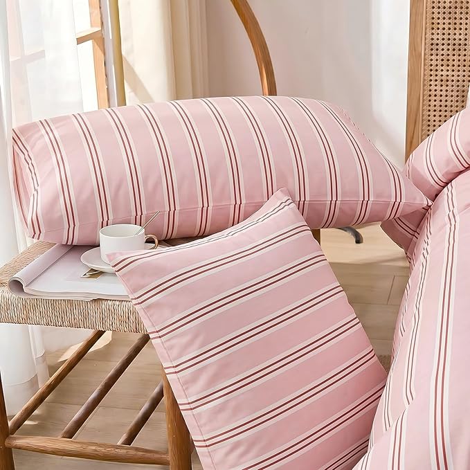 Merryword King Size Pillowcases, 100% Cotton Pillow Cases, Pink Striped Pillowcases, Soft Breathable Ribbon Stripe Pillow Covers, Set of 2