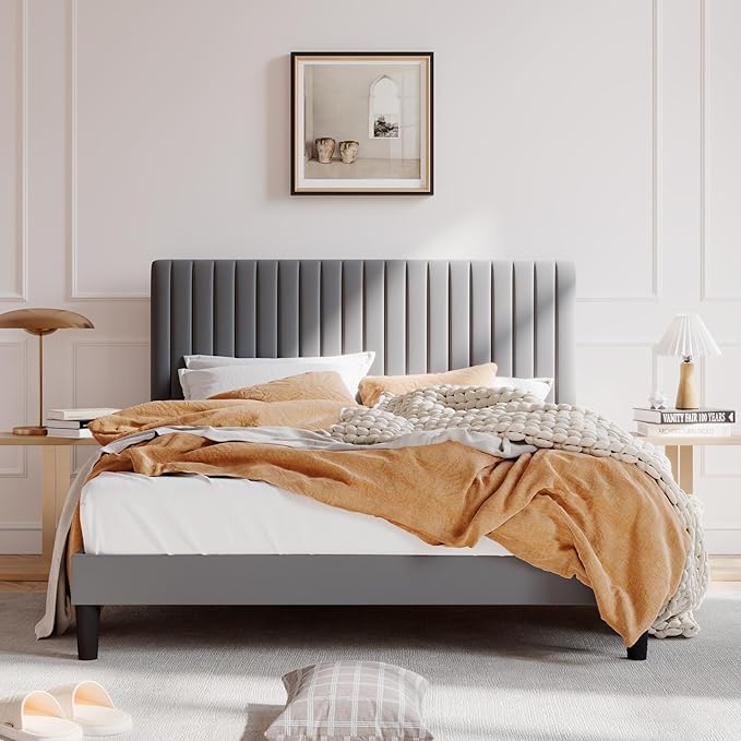 SHA CERLIN Full Upholstered Platform Bed Frame with Vertical Channel Tufted Velvet Fabric Adjustable Headboard, Wooden Slats Support, Mattress Foundation, Box Spring Optional, Grey