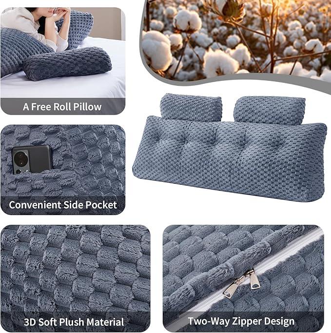 Wedge Headboard Pillow - Bed Wedge Pillow for Headboard Triangular Head board Pillows with Neck Roll -Large Bolster Pillows for Sitting in Bed Backrest Positioning Support (Grey,39x8x20 Inches)