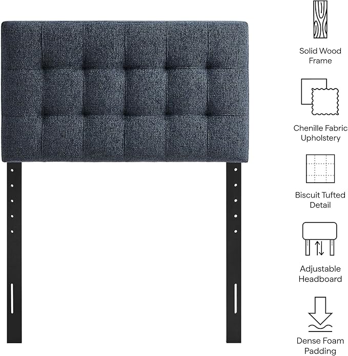 Modway Lily Twin Size Headboard with Biscuit Tufting in Navy - Fabric Upholstery with Padded Design and 5 Height-Adjustable Mounts