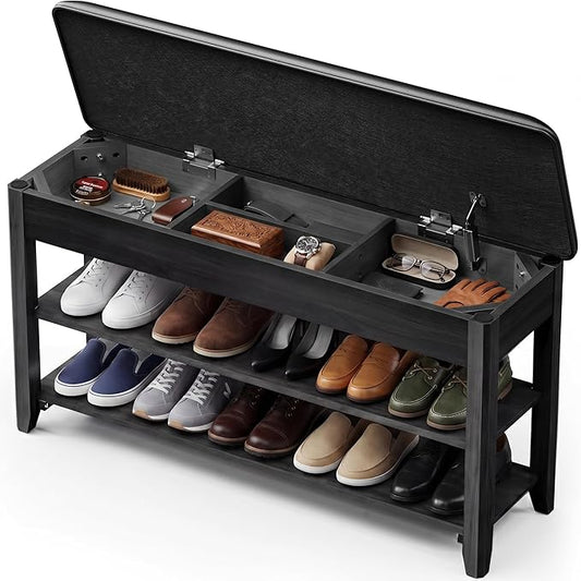 LBT Shoe Bench with Storage, Solid Rubberwood Shoe Storage Bench with Cushion, 2-Tier Shoe Rack for Entryway, Shoe Rack Bench with Deep Hidden Compartment and Stay-Open Hinge, 550lb Capacity Black