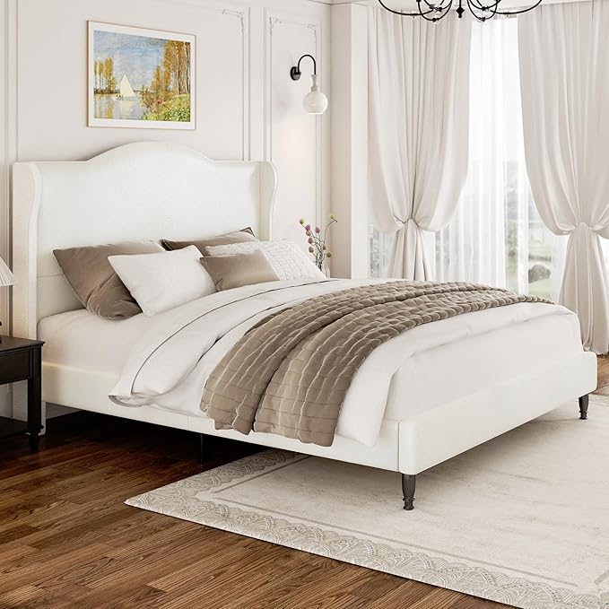 Upholstered Bed Frame with Tall Headboard, Leather Queen Platform Bed Frame with Wingback Sides, Wood Slats Support, Noise-Free Design, No Box Spring Needed, Easy Assembly, White