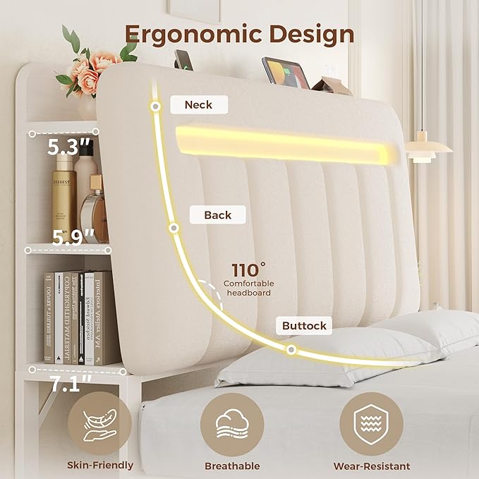 Jocoevol Queen Bed Frame with Storage Headboard,Upholstered White Bed Frame Queen Size with Storage Drawers and Charging Station,Velvet Platform Metal Bed, Noise-Free, No Box Spring Needed