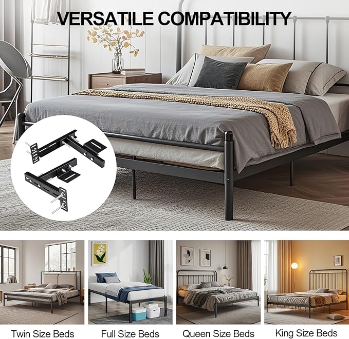 2 Pack Adjustable Headboard Brackets for Bed Base, Metal Headboard Brackets kit for Bed Frame, Black Footboard Extension Kit Compatible with Twin Full Queen King Bed