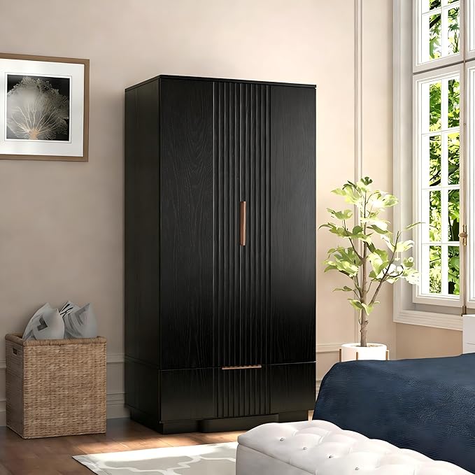 Brafab 67" Fluted Armoire Wardrobe Closet Set of 2 with Drawers and Doors, Wooden Wardrobe Cabinet with Adjustable Shelves, Modern Storage for Clothes, Coats for Bedroom,Black(2 pcs)