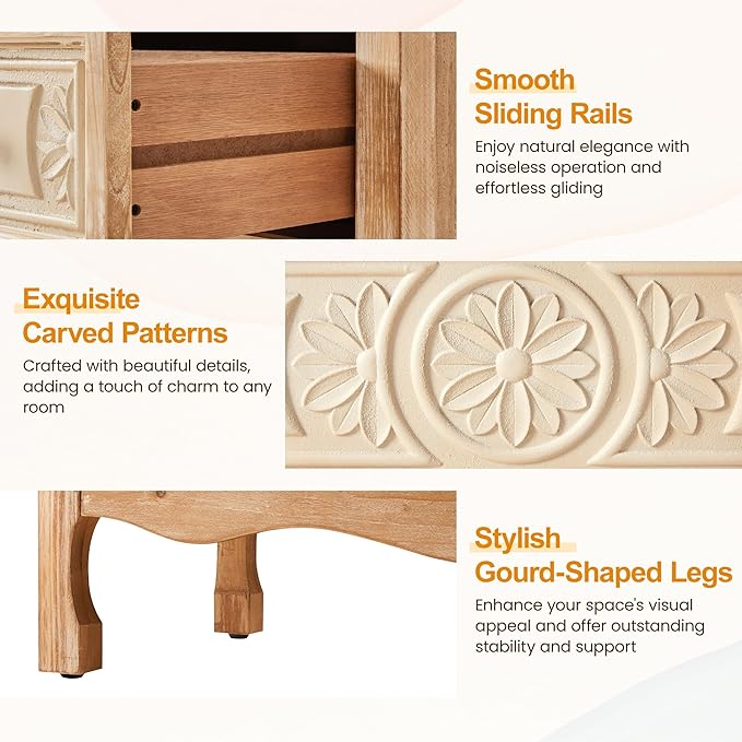 FansaFurn 3 Drawer Dresser with Pattern Carved Drawers, Vintage 3 Chest of Drawers for Bedroom, Wooden 3 Drawer Chest, Wide Nightstand, Large Side Table for Living Room, Natural