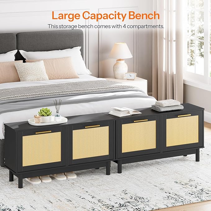 HOOBRO Rattan Shoe Storage Bench with Double Flip Drawers, Narrow Shoe Storage Organizer for Entryway, 11.8" D x 39.4" W x 20.9" H, Hidden Space Saving Wooden Shoe Cabinet for Hallway, Black BN51HX01
