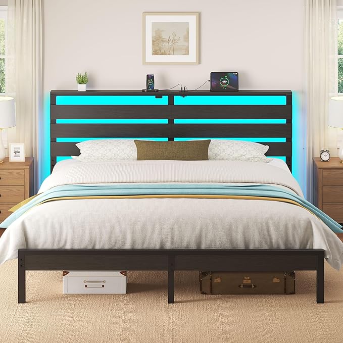 Rolanstar Bed Frame King Size with USB Charging Station, LED Bed Frame with Wood Storage Headboard, Black Metal Platform Bed with Under Bed Storage, No Box Spring Needed, Noise Free
