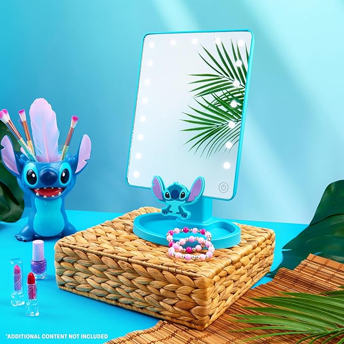 Disney Stitch Vanity Mirror for Girls, Teens, Women with Trinket Tray, LED Table Mirror, Touch Screen, Light Make Up, Gifts for Women (Blue)